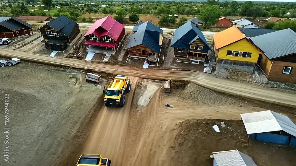 Poster a zoomed-in drone perspective capturing roof installation on a row of newly built homes, while truck