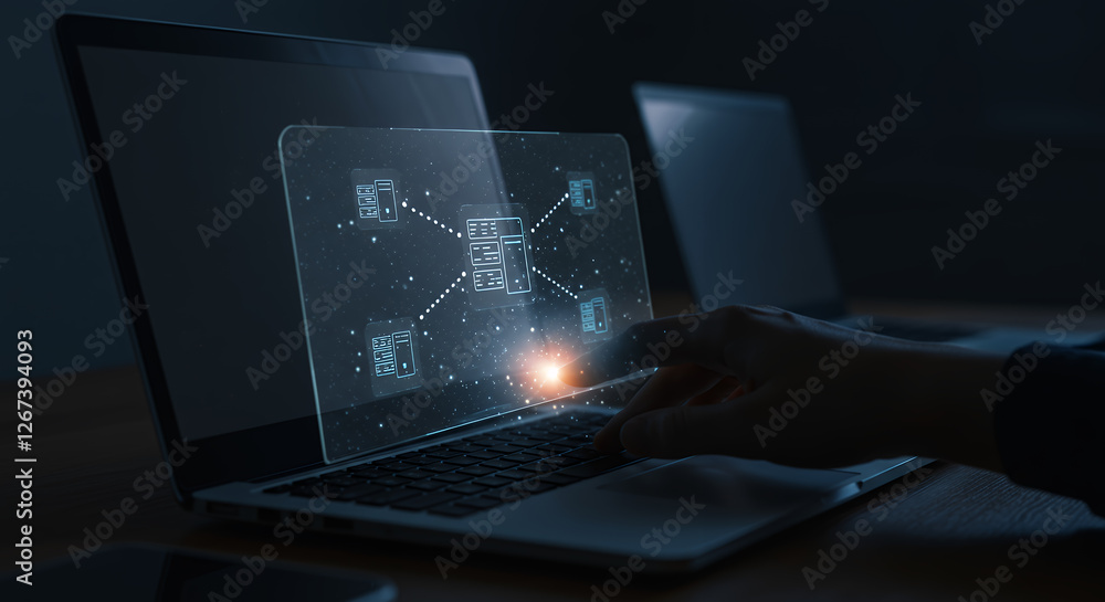 Poster futuristic data network: hand navigating digital connections on laptop. innovative tech for seamless