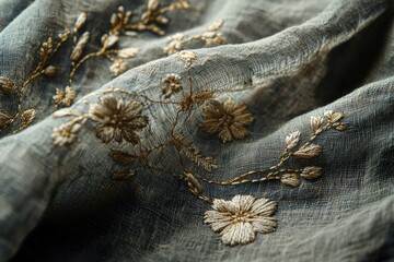 Close-up of delicate gold embroidery on a textured blue fabric, showcasing the fine craftsmanship and intricate floral patterns of artisan textile design and elegant artistry.