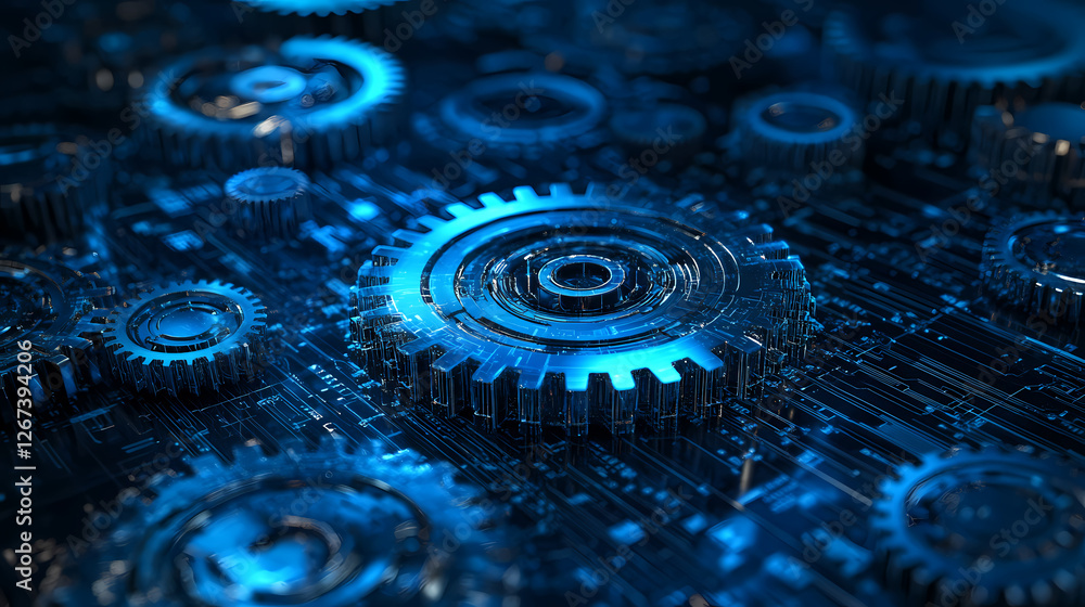 Poster blueprint of modern tech: gears and circuits in harmony