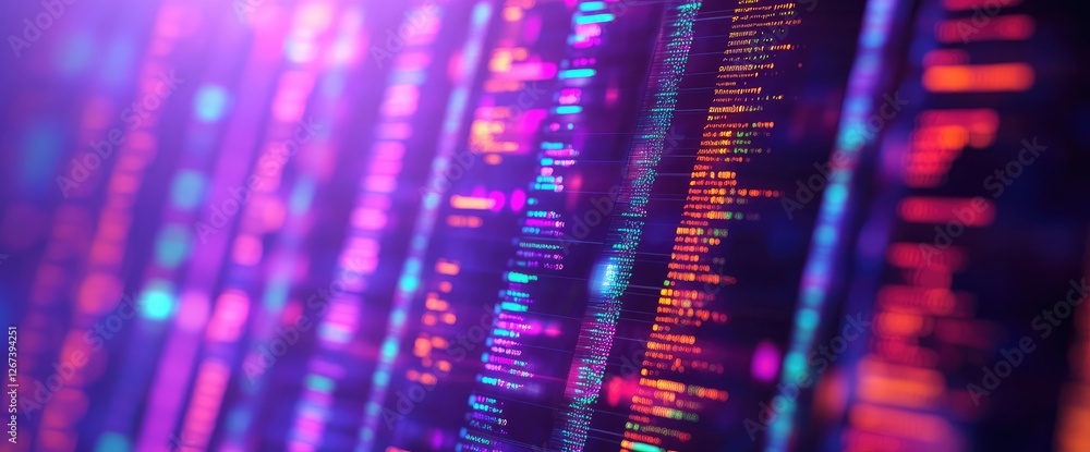 Poster neon code streams on screen, digital background, tech concept