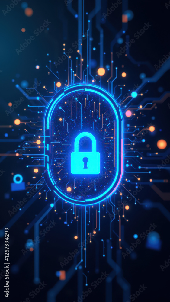 Poster cybersecurity icon with interconnected circuit board and glowing padlock symbol.