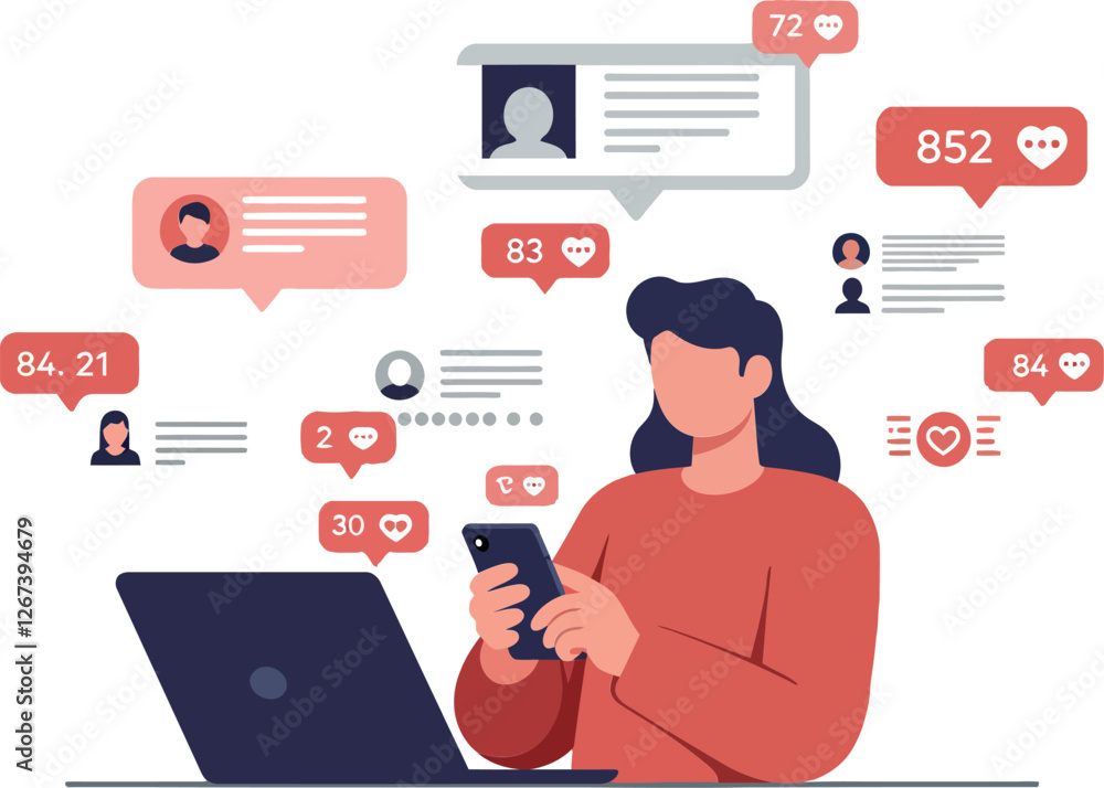 Poster person using smartphone while sitting at desk with laptop and notifications