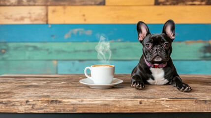 A black French Bulldog sitting beside a steaming object in high fidelity.