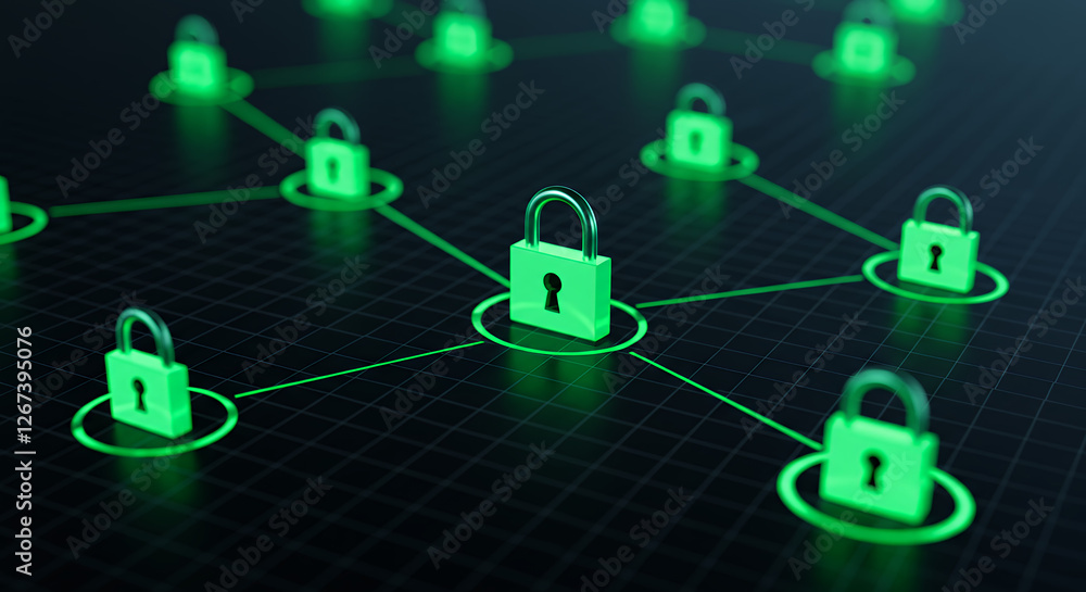 Poster ** secure blockchain: green padlocks connected on a network - cyber security, encryption, & data pro