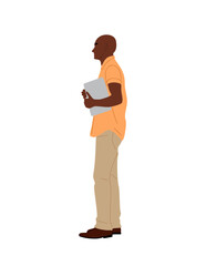 Black Business man standing with laptop. African american bald guy wearing smart casual summer office outfit full body side view. Vector realistic illustration isolated on transparent background.