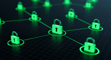 ** Secure Blockchain: Green Padlocks Connected on a Network - Cyber Security, Encryption, & Data...