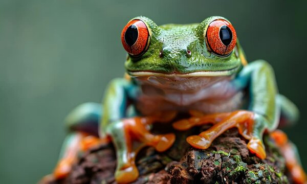 Red-eyed tree frog rainforest closeup, perched on wood, blurred background
