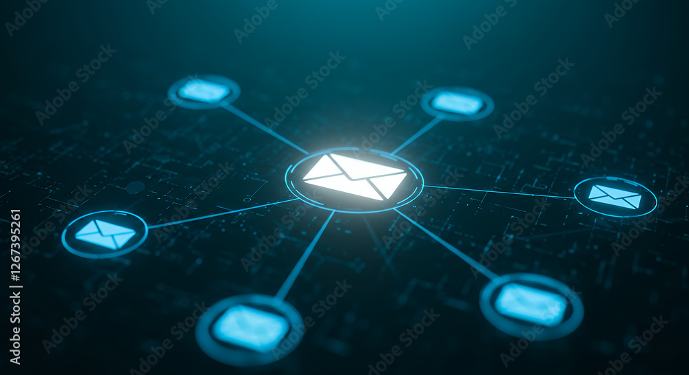 Poster email network: digital communication hub, connected messaging system, global mail, tech connection, 