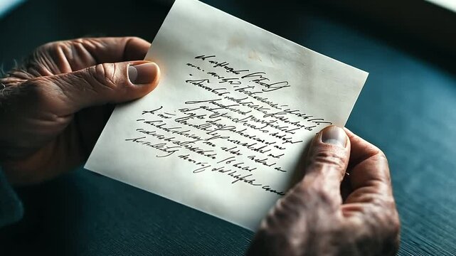 A beautifully calligraphed envelope held carefully in aged hands, symbolizing a lifetime of love letters and cherished words.