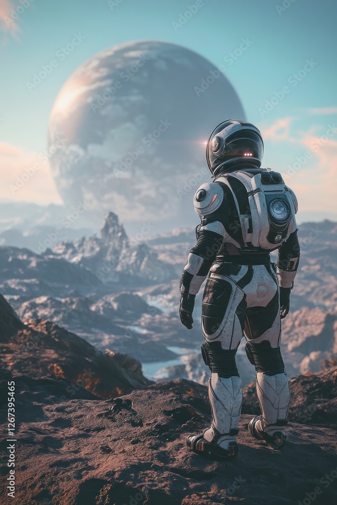 Poster astronaut exploring a distant alien landscape with a massive planet looming in the sky, showcasing a