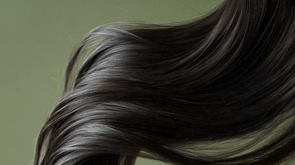 Naklejka premium A close-up shot of smooth, flowing dark brown hair strands, gracefully curved against a muted olive-green background