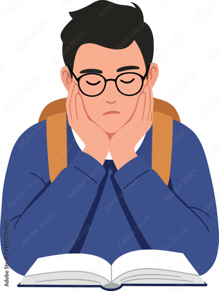 Poster student with backpack looking bored while reading a textbook