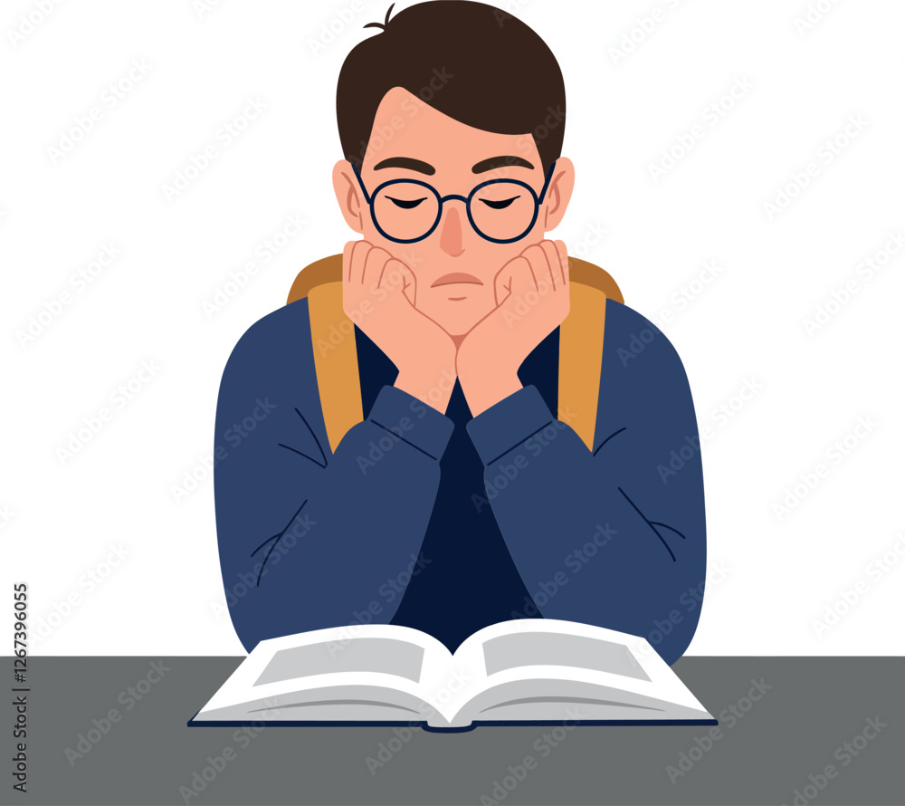 Poster student with glasses appears bored while reading a book at a desk