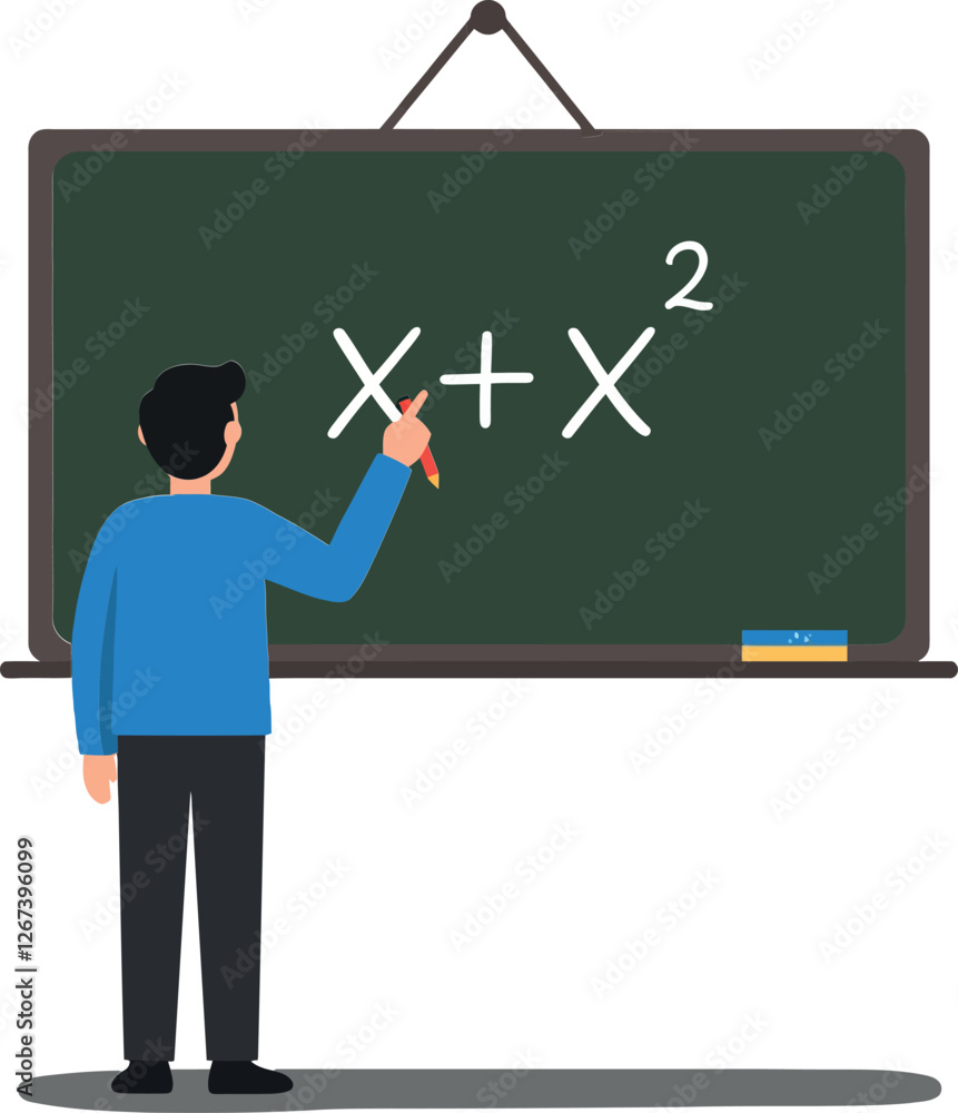 Poster teacher explaining algebraic equations on a chalkboard in classroom setting