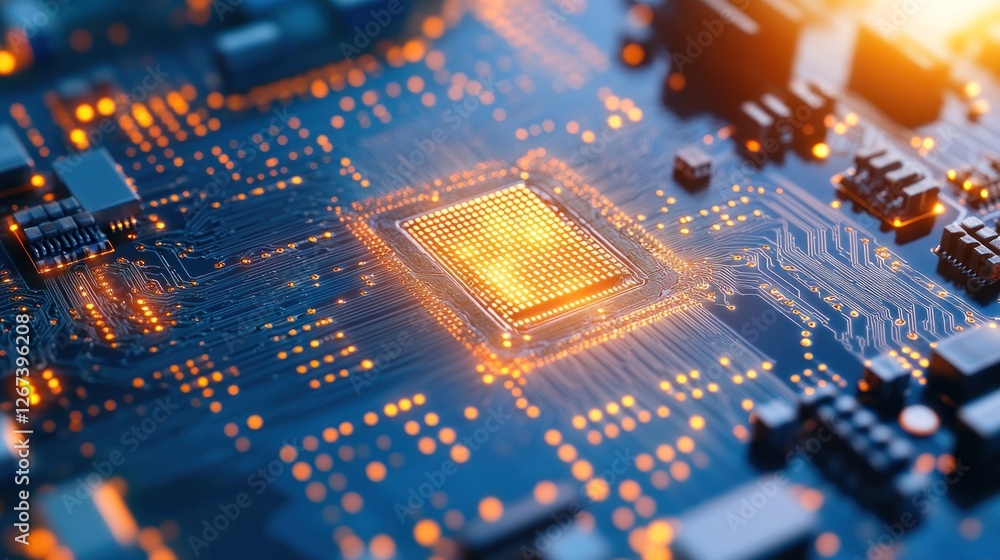 Aufkleber close-up of a glowing microprocessor on a circuit board