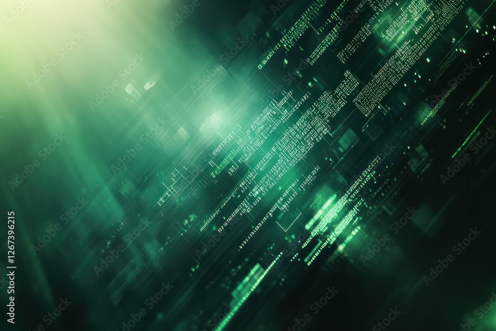Poster abstract digital background featuring green glowing lines and text elements, creating a futuristic a