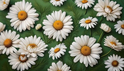 Fototapeta premium white daisies vintage wallpaper pattern in green background
