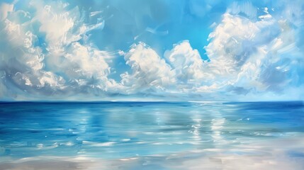 Fototapeta premium A calm and peaceful blue sea, stretching endlessly under soft clouds,