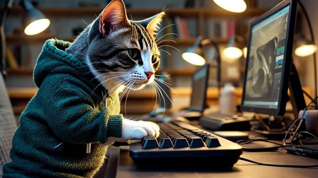 Tabby cat wearing hoodie typing on keyboard in office setting under warm light