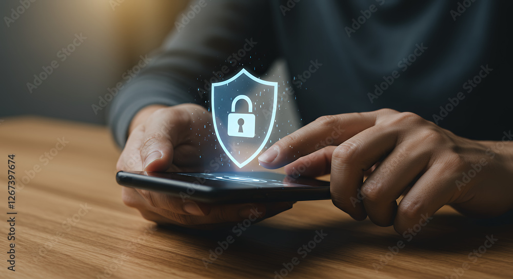 Poster mobile security: secure your data with advanced phone protection and digital safety! lock icon on sm