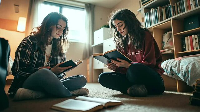 A college dorm room with two roommates sitting on the floor, one sharing a Scripture verse while the other listens, deeply moved by the words.