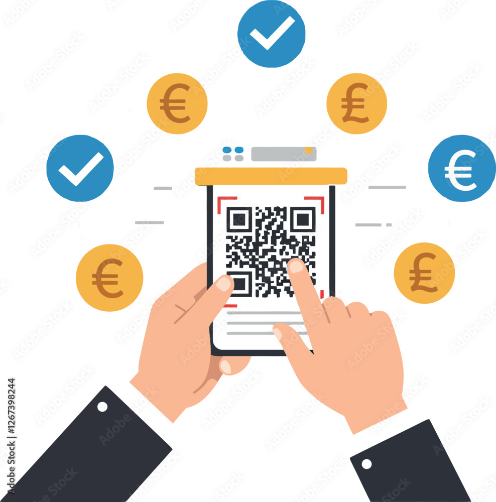 Poster Hands holding smartphone scanning QR code surrounded by currency symbols