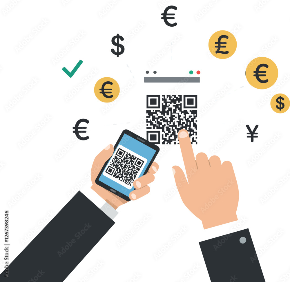 Poster hands holding smartphone and interacting with qr code for digital payments