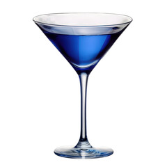 A martini glass filled with a vibrant blue cocktail, set against a black background.