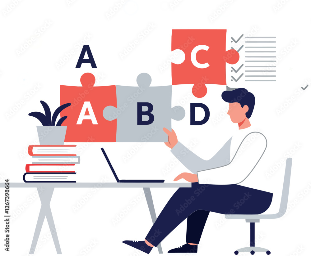 Poster man assembling puzzle pieces while working at a desk with laptop