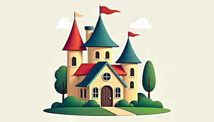 Obraz premium Castle with colorful towers and flags surrounded by trees and bushes