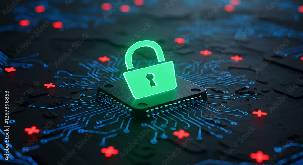 Aufkleber cybersecurity lock: glowing green protection on tech circuit board. data security, encryption & netw
