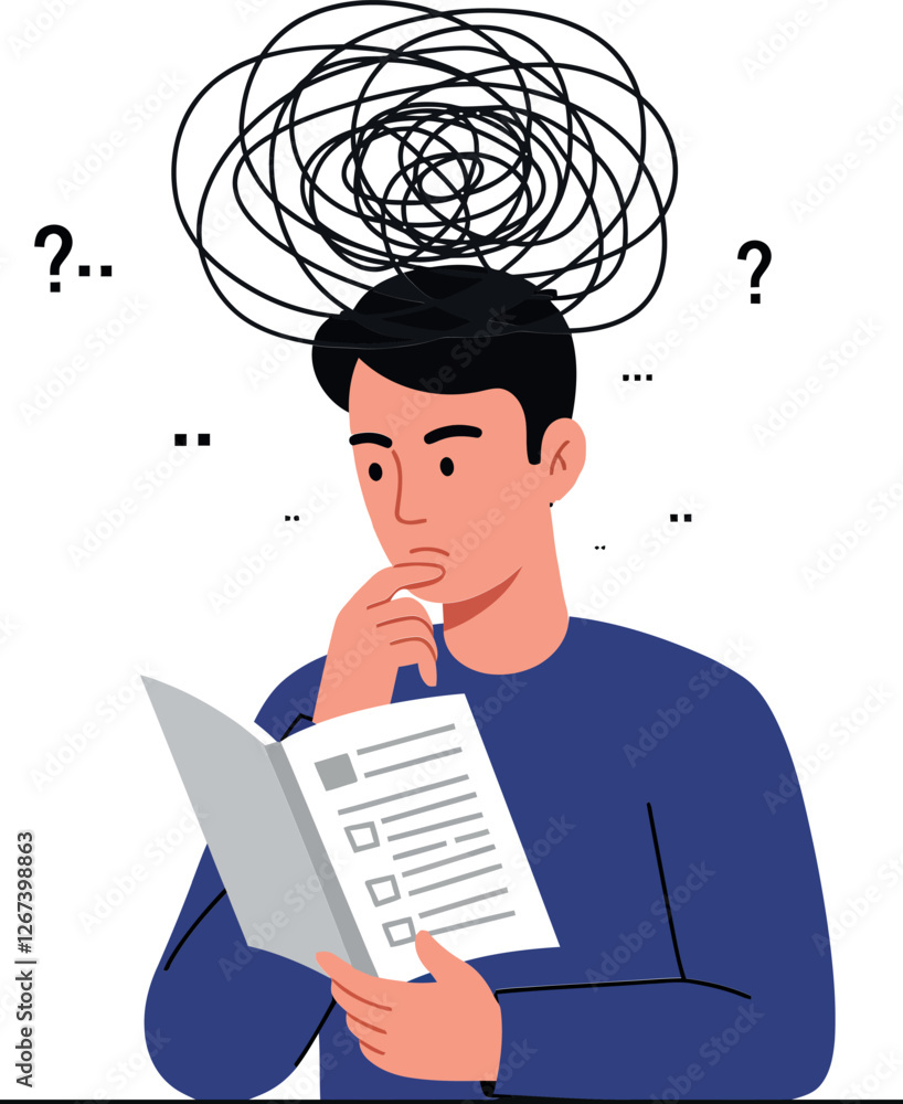 Aufkleber man contemplating with confusion while reading a document, unsure of information