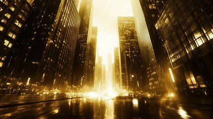 Golden city street at night with light reflections on wet asphalt