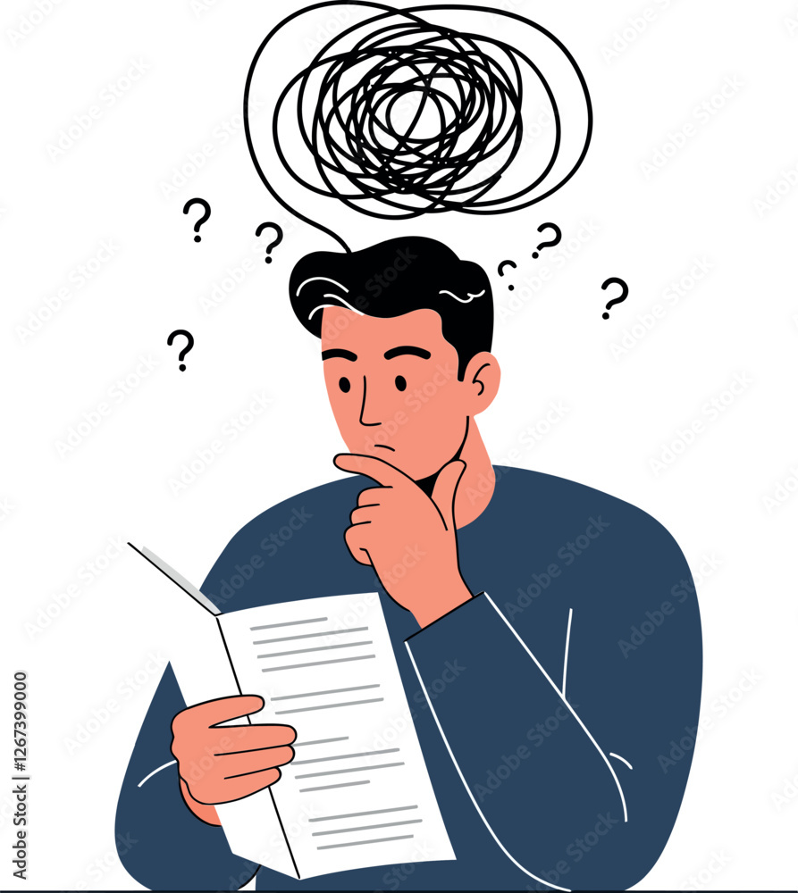 Poster man pondering over a document with confusion and uncertainty in his expression