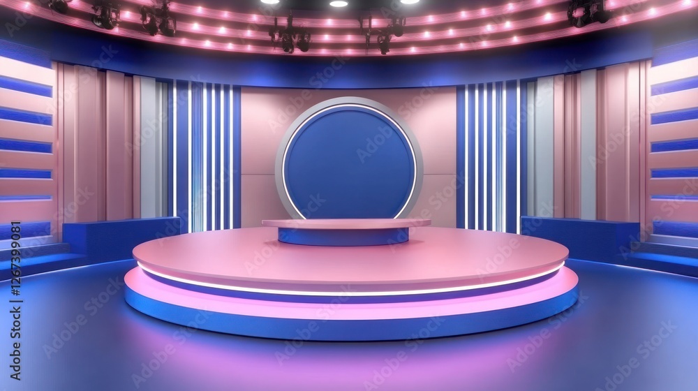 Poster modern studio set design featuring circular backdrop and layered platforms, illuminated by vibrant p