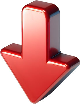 3D red downward arrow, isolated on a transparent background