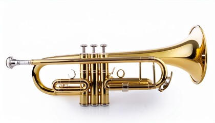 Naklejka premium studio shot of a gleaming golden trumpet isolated on a white background perfect for musical themes advertising or design projects