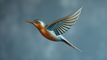 Obraz premium A swallow bird is captured mid-flight, showcasing its exquisite wings and vibrant plumage against a soothing blue background, embodying the essence of freedom in spring