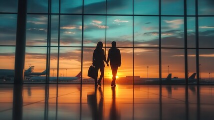 Silhouetted couple holding hands at sunset in an airport terminal, with planes visible in the background and vibrant colors reflecting on the floor