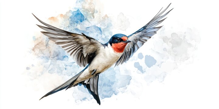 A swallow bird flies elegantly against a watercolor backdrop, showcasing its beautiful plumage and the joy of spring. Its wings are outstretched, capturing the essence of freedom