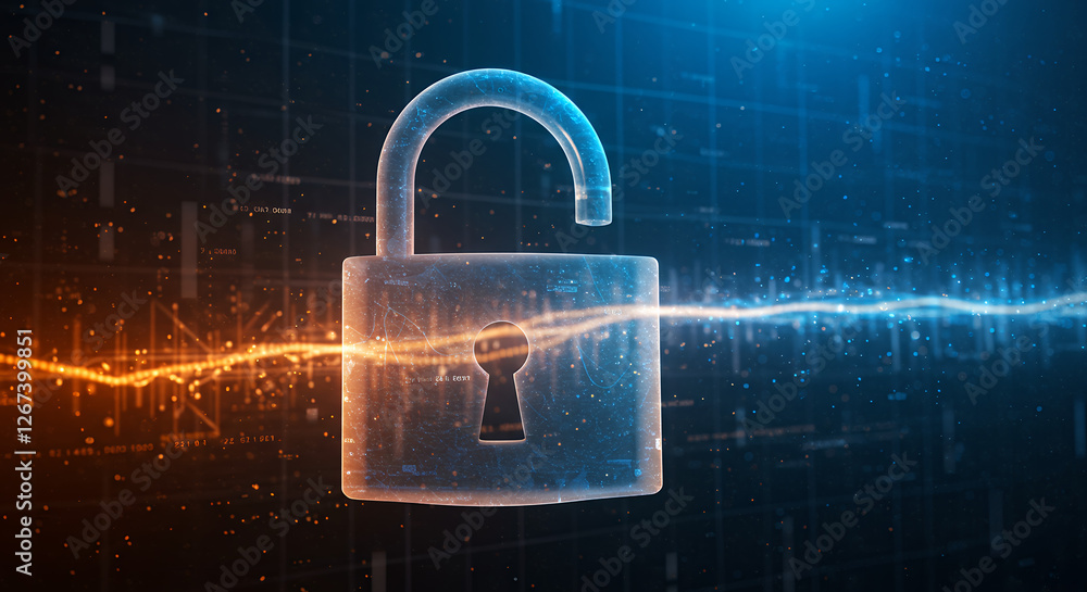 Poster digital security breach: open padlock & data streams - cyber security, data privacy, hacker, encrypt