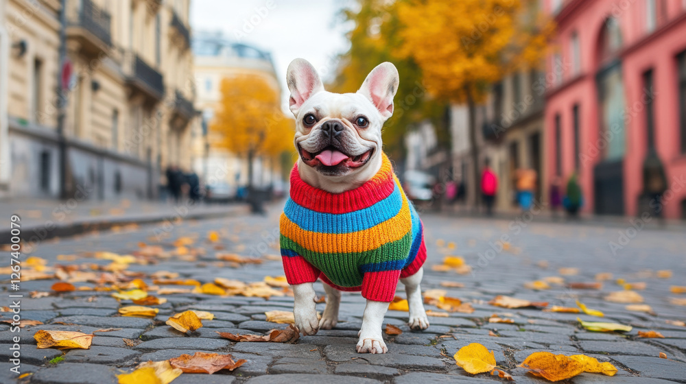 Wall mural A stylish French Bulldog wearing a striped sweater in high fidelity image.