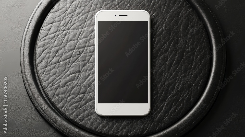 Poster top view of white mock up smartphone on creative black leather circle background. presentation, prod