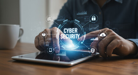 Fototapeta premium Cyber Security on Tablet: Data Protection & Digital Safety. Secure Your Business With Cybersecurity Solutions & Internet Privacy Tools