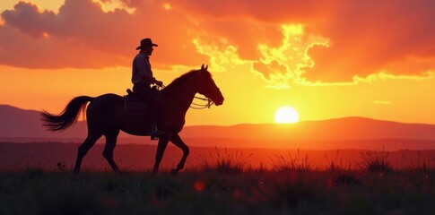 Horse head vector silhouette on horseback riding in the countryside at sunset, horseback, sunset, landscape