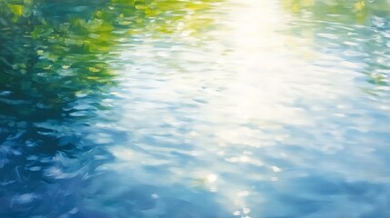 Obraz premium Serene Blue Water Abstract Painting Green Reflections Sunny Day Impressionistic Style Peaceful Nature Scene Tranquil Water Texture Summer Artwork 