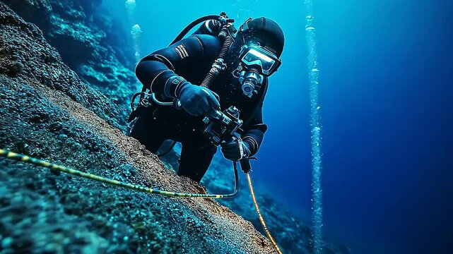 A deep-sea diver in a sleek black wetsuit and high-tech oxygen mask carefully inspects a glowing fiber-optic cable, surrounded by the dark blue abyss of the ocean.