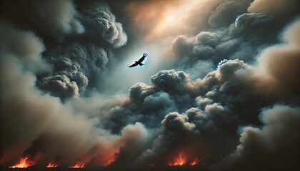 Eagle Soaring Above Raging Wildfire