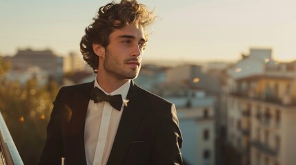 A charming groom in black suit, dressed for a perfect wedding day,